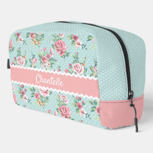 Trousse De Toilette Vert Menthe Pastel Rose Blush Pink Motif Fleur Ros