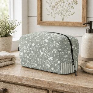 Trousse De Toilette Vert sauge floral avec accent rayé, Maison de camp