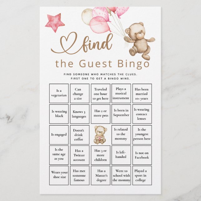Trouver L'Invité Bingo Bear Baby shower Jeu (Devant)