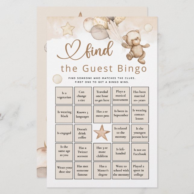 Trouver L'Invité Bingo Bear Baby shower Jeu (Devant / Derrière)