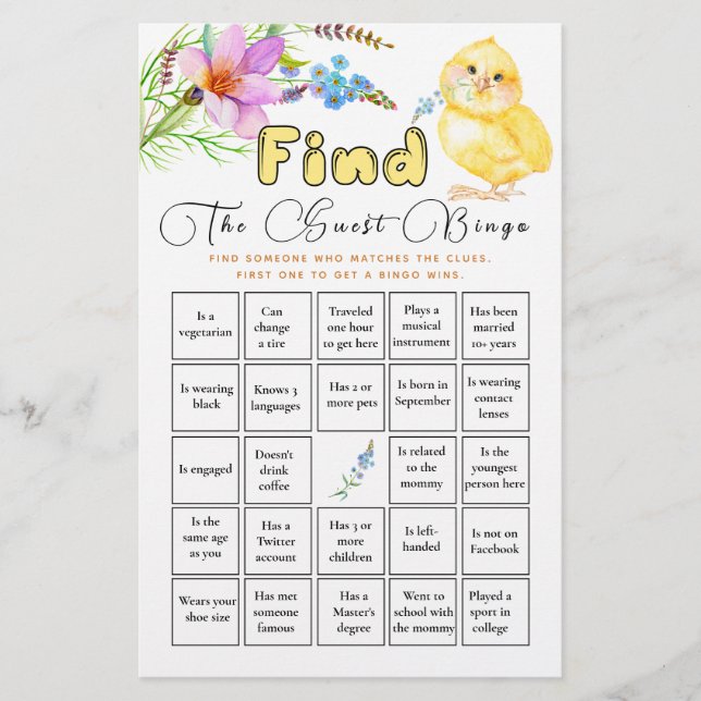 Trouver L'Invité Bingo Little Chick Baby shower Je (Devant)