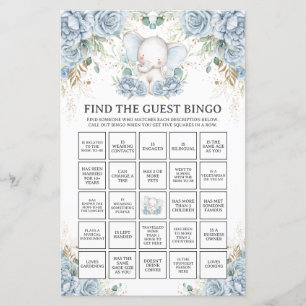 Trouvez le Bingo Invité Baby Shower Eléphant Bleu