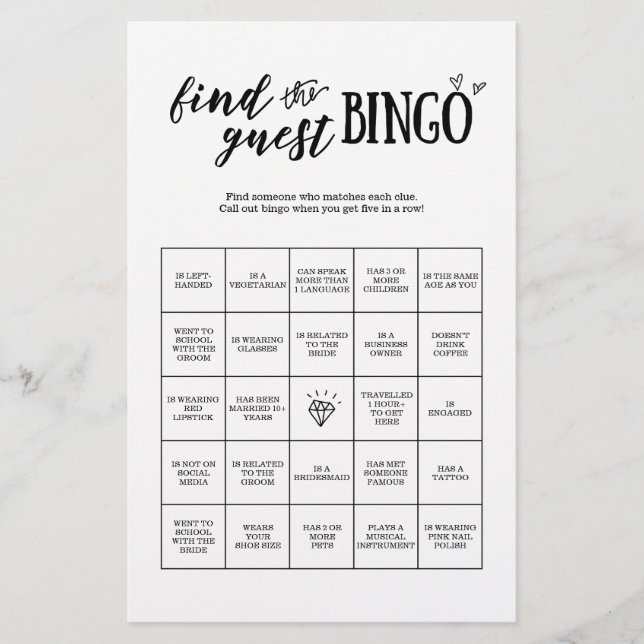 Trouvez le jeu de bingo invité pour Mariage ou nup (Devant)