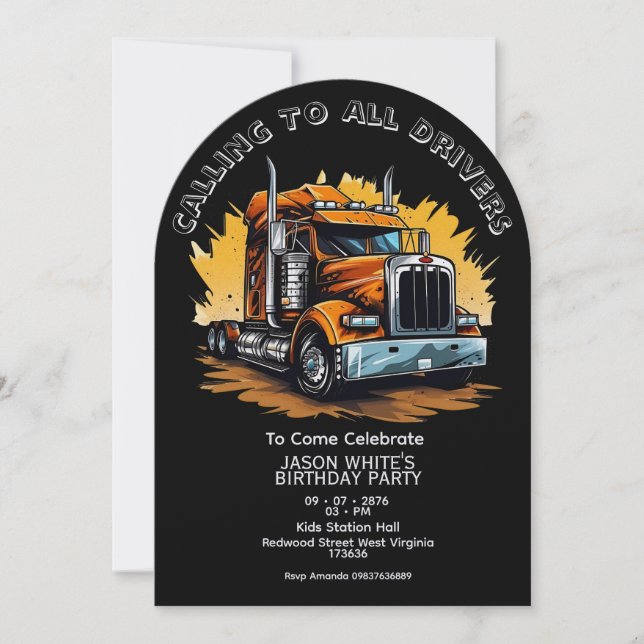 Truck Themed Boy Birthday Invitation  (Devant)