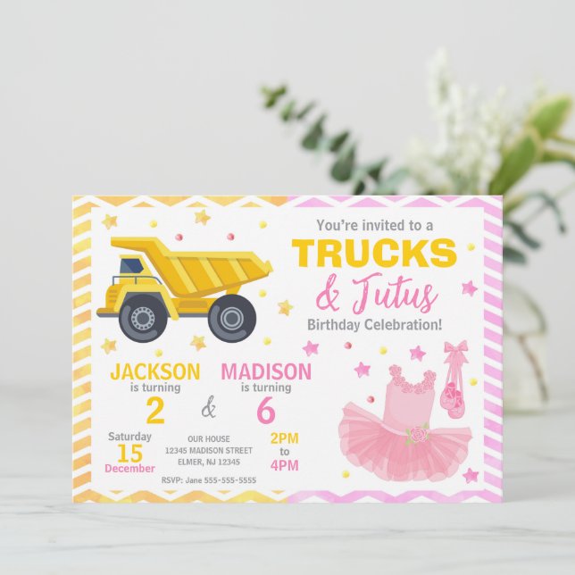 Trucks & Tutus Joint Birthday Invitation (Debout devant)