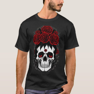 Tshirt gothique aux fleurs rouges du crâne