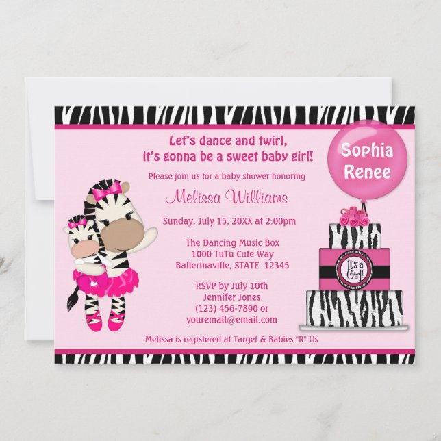 Tu Tu Cute Baby shower invitation ZEBRA GIRL Maman (Devant)