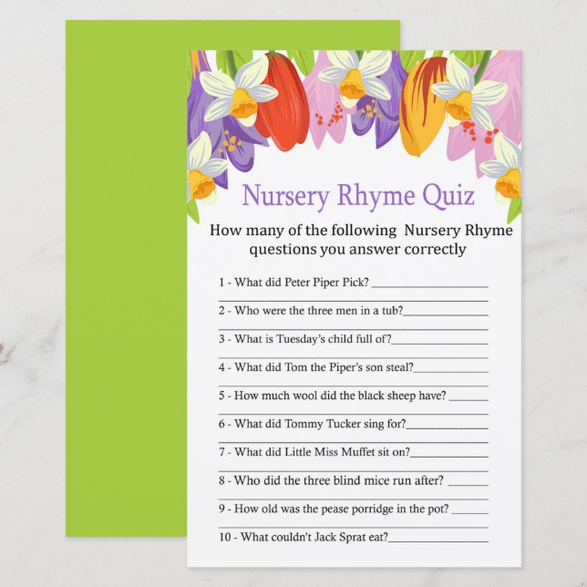 Tulip Nursery Rhyme Quiz jeu de baby shower (Devant / Derrière)