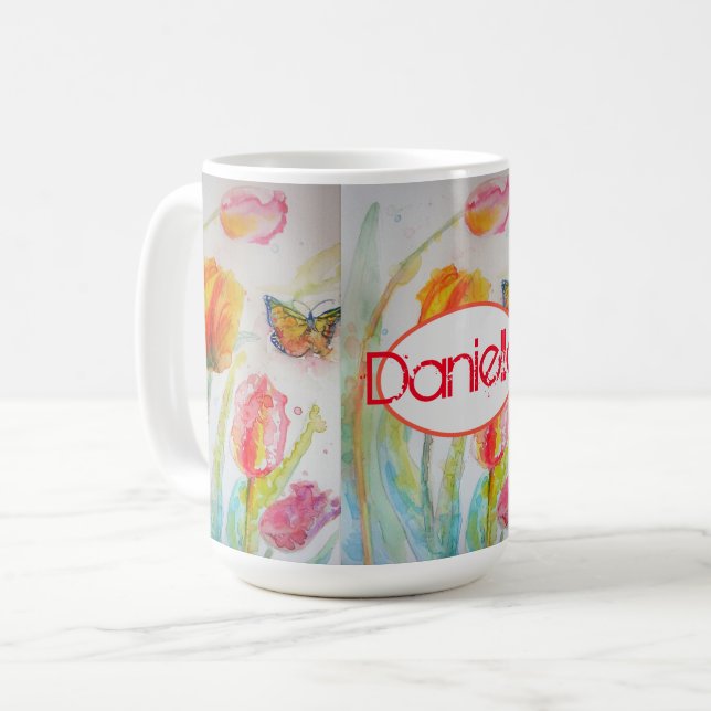 Tulip Orange Red Womans Nom Aquarelle Art Mug (Devant gauche)