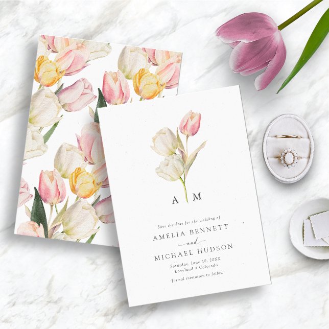 Tulipe Élégante Faire-Part de Date de Mariage (Watercolor Tulip Monogrammed Save The Date by Painted Paperie)