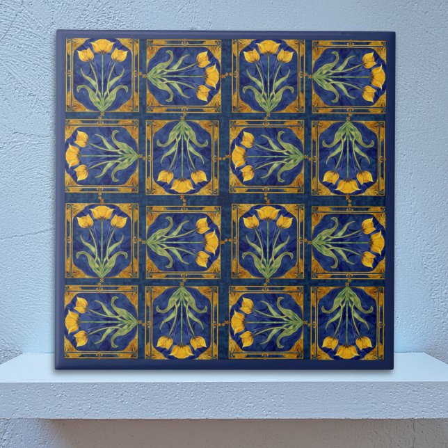 Tulipe jaune Art Nouveau sur motif de carreaux de  (Créateur téléchargé)