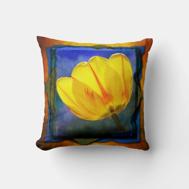 Tulipe Jaune sur Coussin bleu vert orange (Recto)