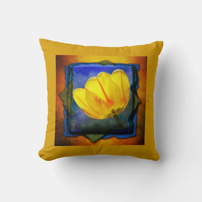 Tulipe Jaune sur Coussin bleu vert orange (Recto)