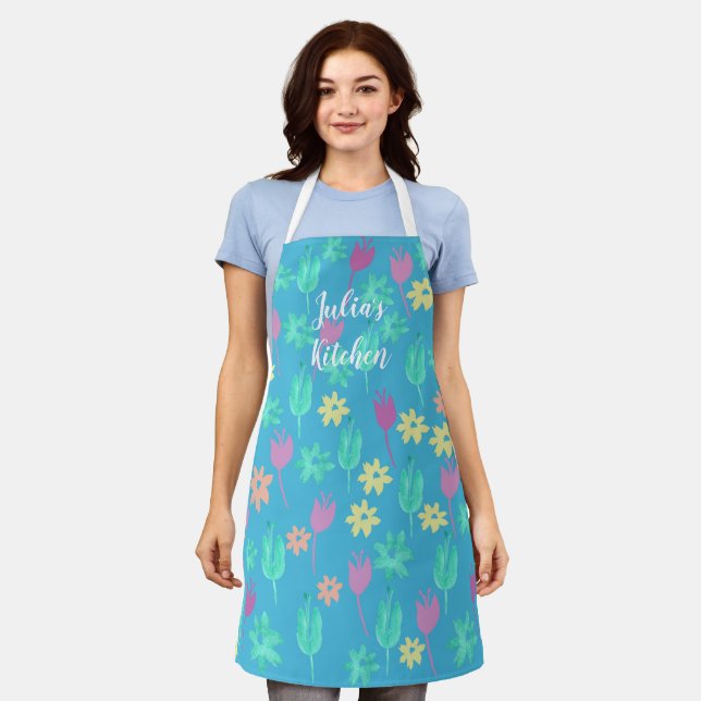 Tulipe personnalisée tablier bleu rose jaune (Porté)