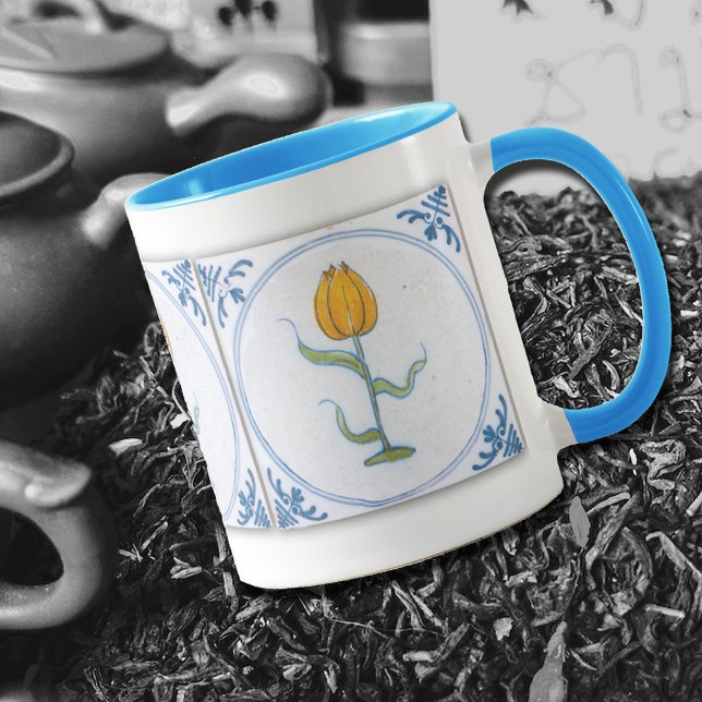 Tulipe vintage Carreaux Art Bleu Blanc Café Mug (Créateur téléchargé)