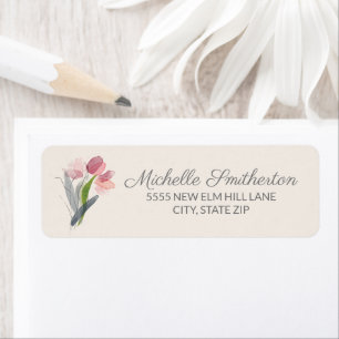 Tulipes Aquarelle Rose Crème Étiquette Script Élég