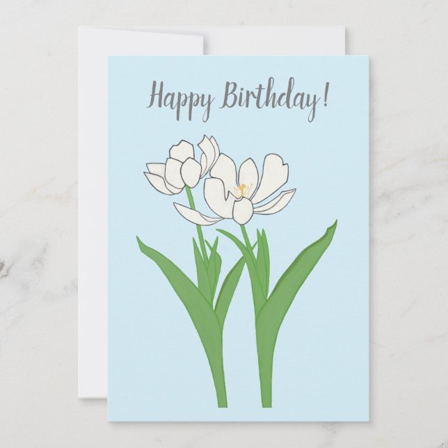 Tulipes blanches sur carte d'anniversaire bleu cla (Devant)