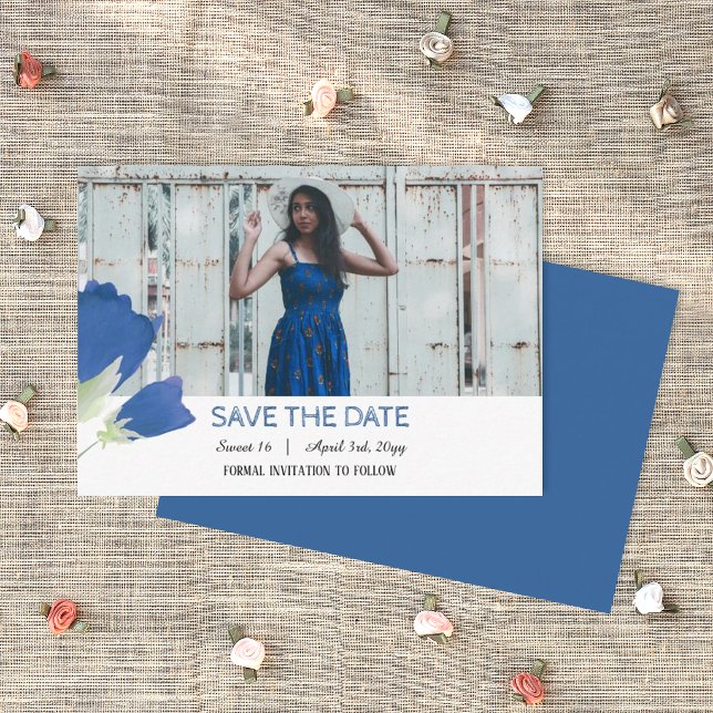 Tulipes Bleues, Faire-Part de Fête d'Anniversaire (blue birthday save the date card template with photo)