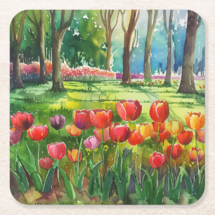 Tulipes dans le parc Sous-verre en papier carré