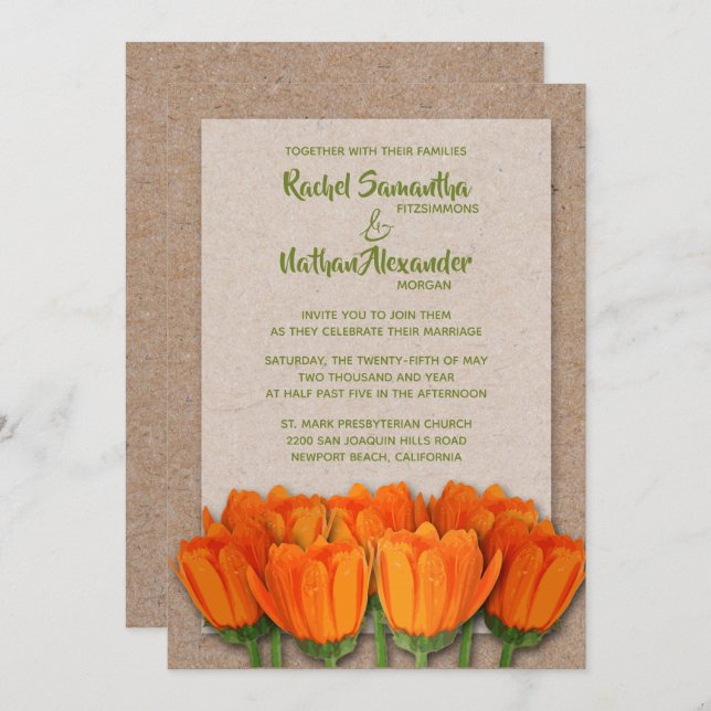 Tulipes orange sur les invitations de mariage Kraf (Devant / Derrière)