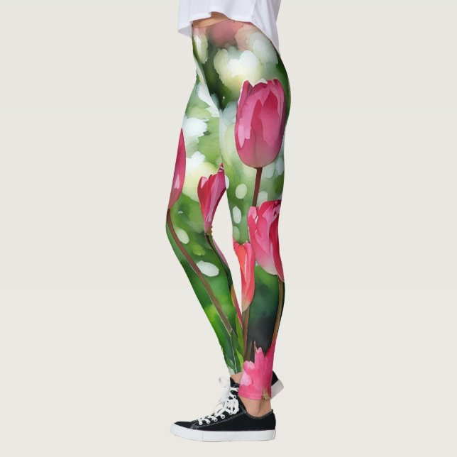 Tulipes Pink et Vert Aquarelle Leggings (Gauche)