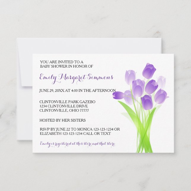 Tulipes pourpres - Invitation Baby shower 3x5 (Devant)