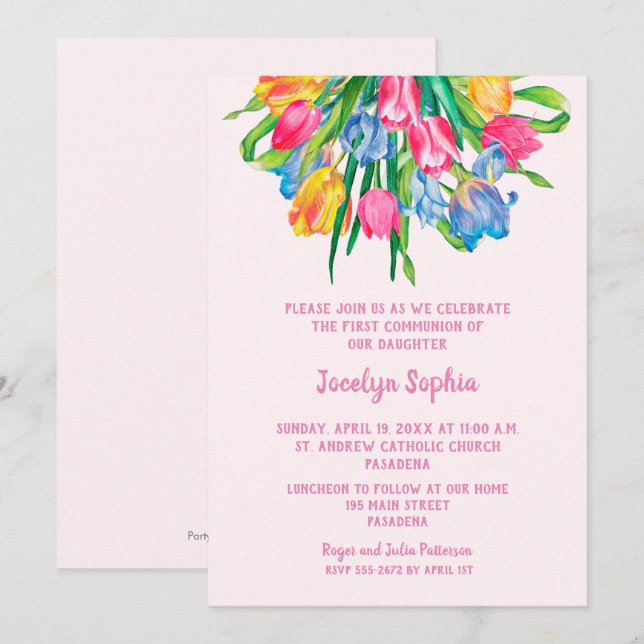 Tulipes Rose Girl First Communion Invitations (Devant / Derrière)