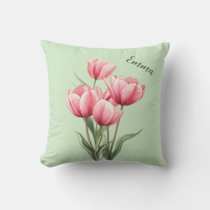 Tulipes Roses Élégantes Coussin Personnalisé Vert