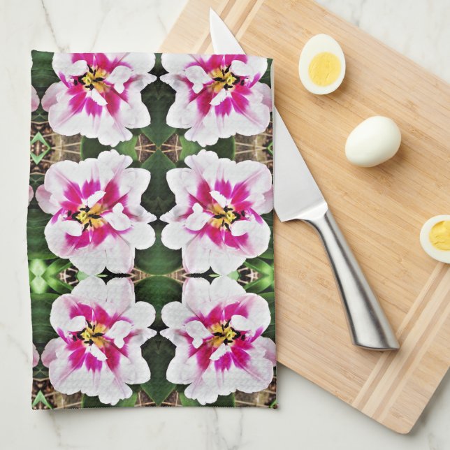Tulipes roses serviettes de cuisine (Quart Plié)