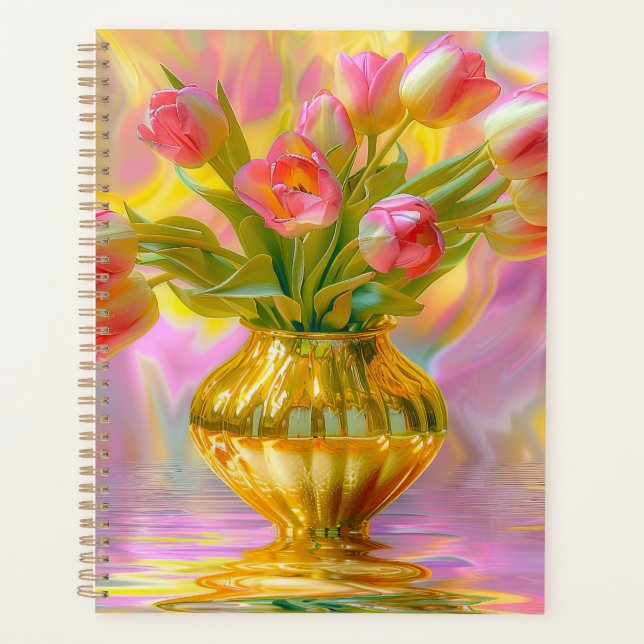 Tulipes roses vibrantes dans un vase doré (Devant)