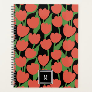 Tulipes rouges rétro, monogramme personnalisé
