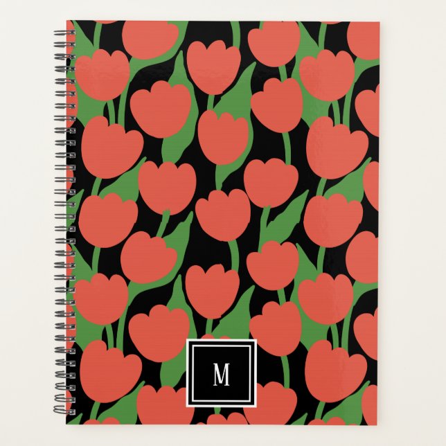 Tulipes rouges rétro, monogramme personnalisé (Devant)