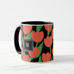 Tulipes rouges rétro, monogramme personnalisé Mug