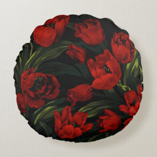 Tulipes rouges sur Coussin rond noir