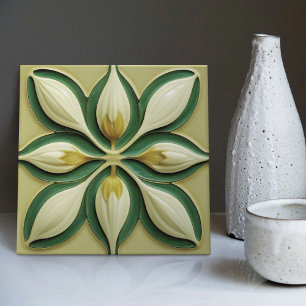 Tulipes Vertes Blanches Carreau Céramique Symétriq
