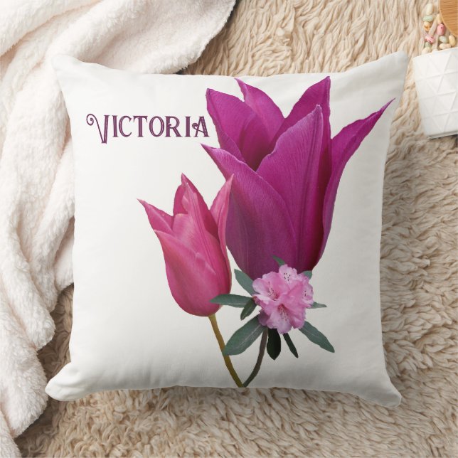 Tulips rose chaud Victoria nom Coussin personnalis (Couverture)