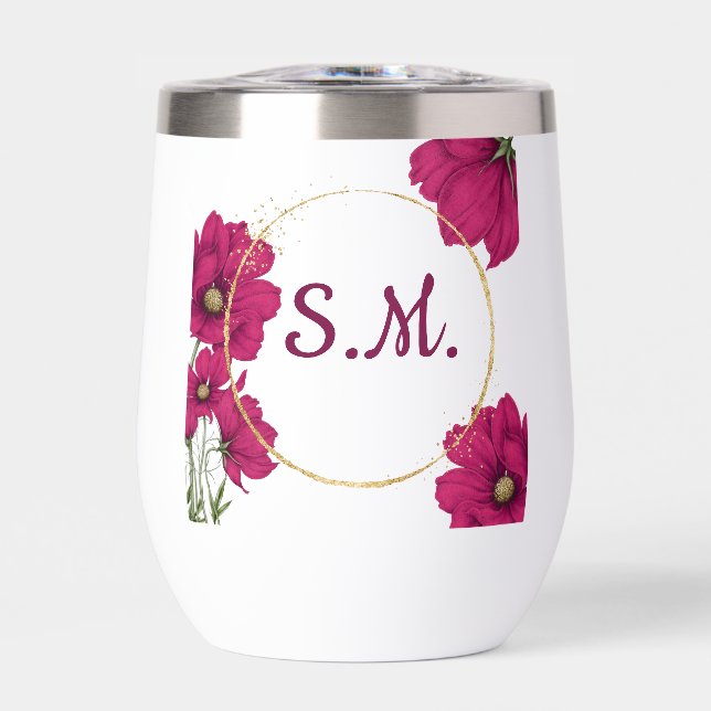 Tumbler à vin à cercle doré et fleurs roses (Avant)