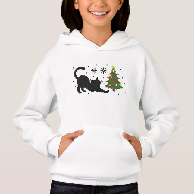 Tuna & Noël – Chat Pixel Tricoté Hoodie Fille (Devant)