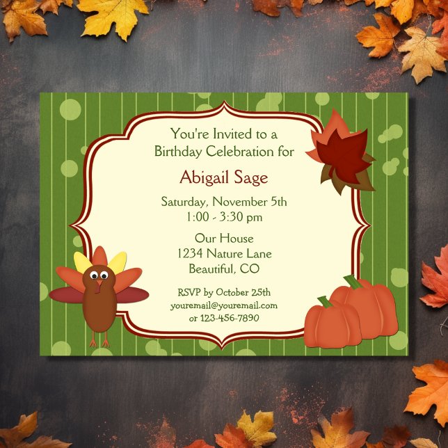 Turquie, Citrouille et Feuille Invitation d'annive (Front - Turkey, Pumpkins and Leaves Birthday Invitation)
