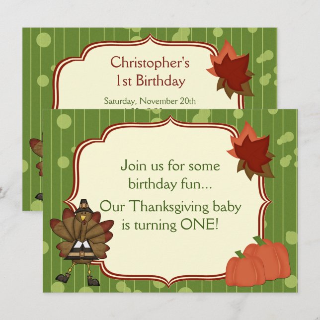 Turquie Thanksgiving 1st Birthday Invitation for B (Devant / Derrière)