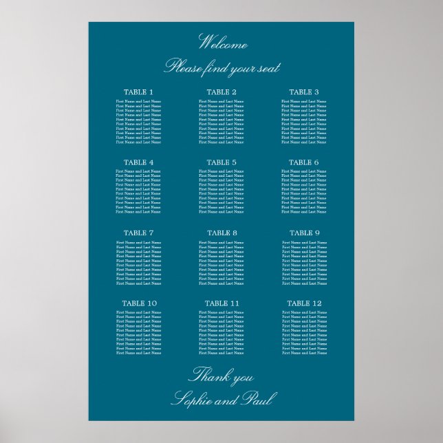 Turquoise 12 Table Wedding Seating Chart Poster (Devant)