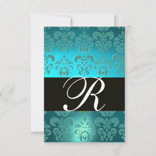 TURQUOISE AQUA BLEU BLACK DAMASK MONOGRAM RSVP