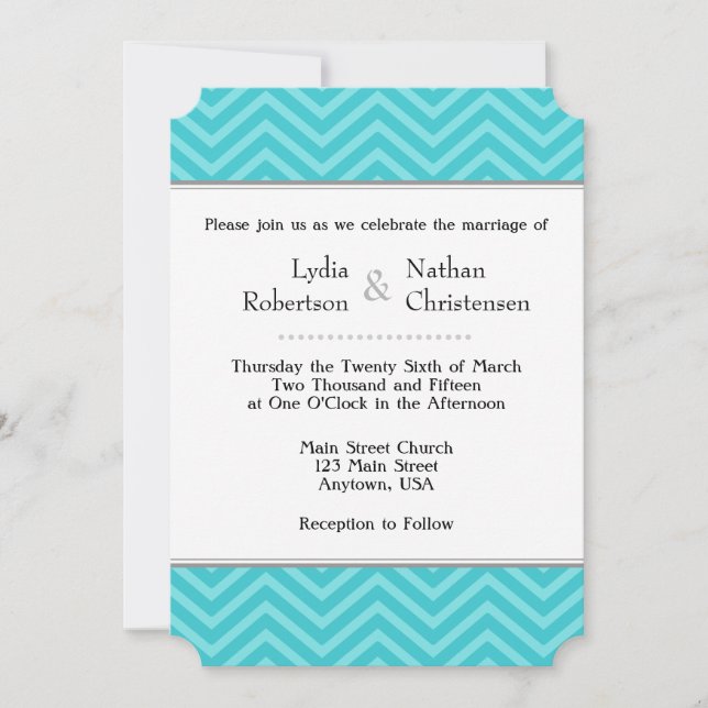 Turquoise Aqua Blue Chevron Wedding Invitations (Devant)