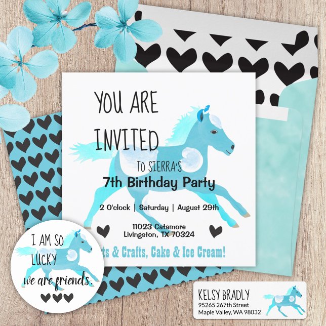 Turquoise, Aquamarine Pony Invitation Anniversaire (turquoise light blue pony black hearts cute pony ride birthday party invitation galloping pony)