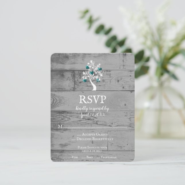 Turquoise arbre des coeurs carte RSVP de mariage (Debout devant)