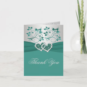 Turquoise, Argent Floral Mariage Carte de remercie