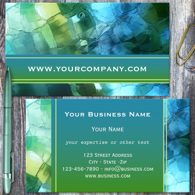Turquoise artistique Carte de visite en verre vert (Business card with an artistic teal and blue green glass design)