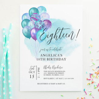 Turquoise Ballons pourpres Invitation à l'annivers