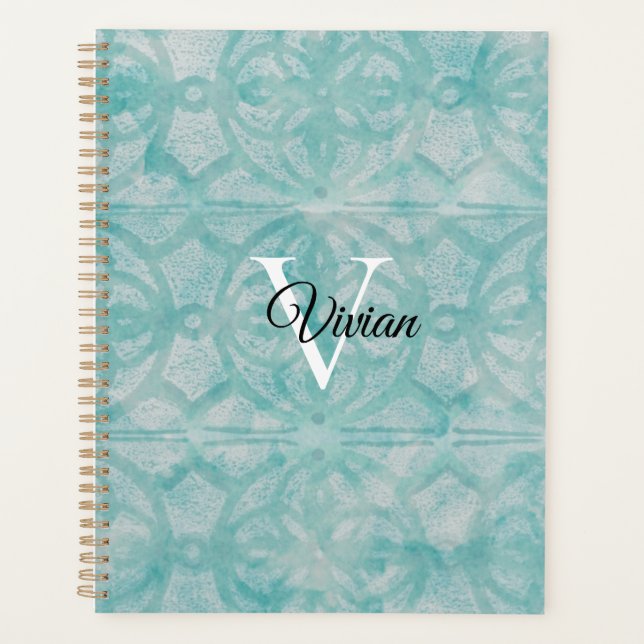 Turquoise Batik Elegant Nom du monogramme (Devant)