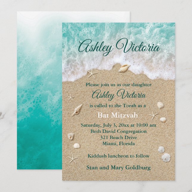 Turquoise Beach Waves Invitation Bat mitzvah (Devant / Derrière)